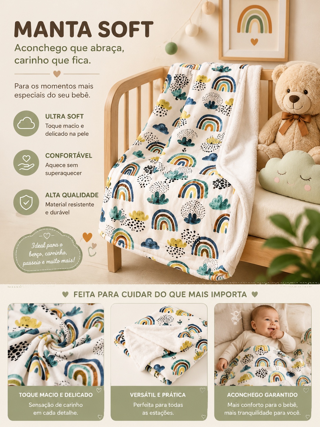 Manta soft MimiBaby estampa arco-íris, dobrada, mostrando o lado plush e o lado estampado